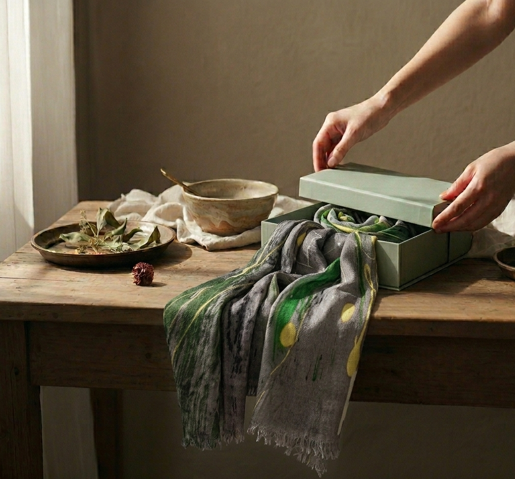 artistic boxing of a designer grey scarf