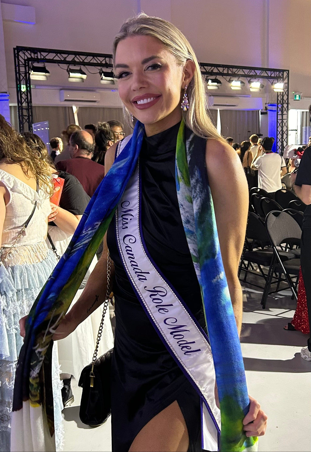 Miss Canada role model wearing Azure blue scarf